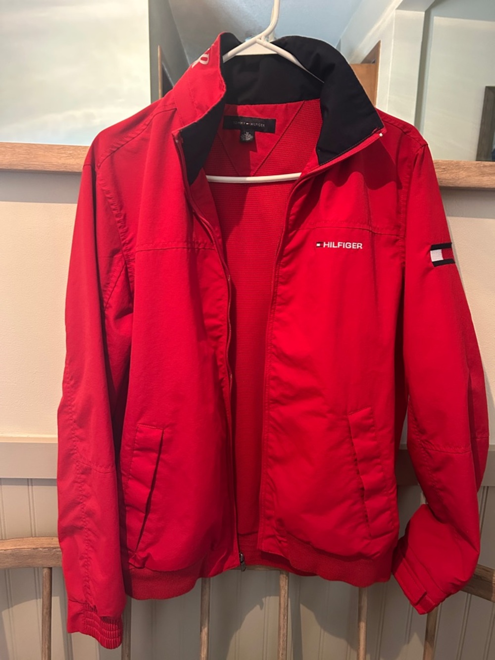 Tommy Hilfiger Men’s Red Lightweight Shirt Jacket with Black Inner Collar